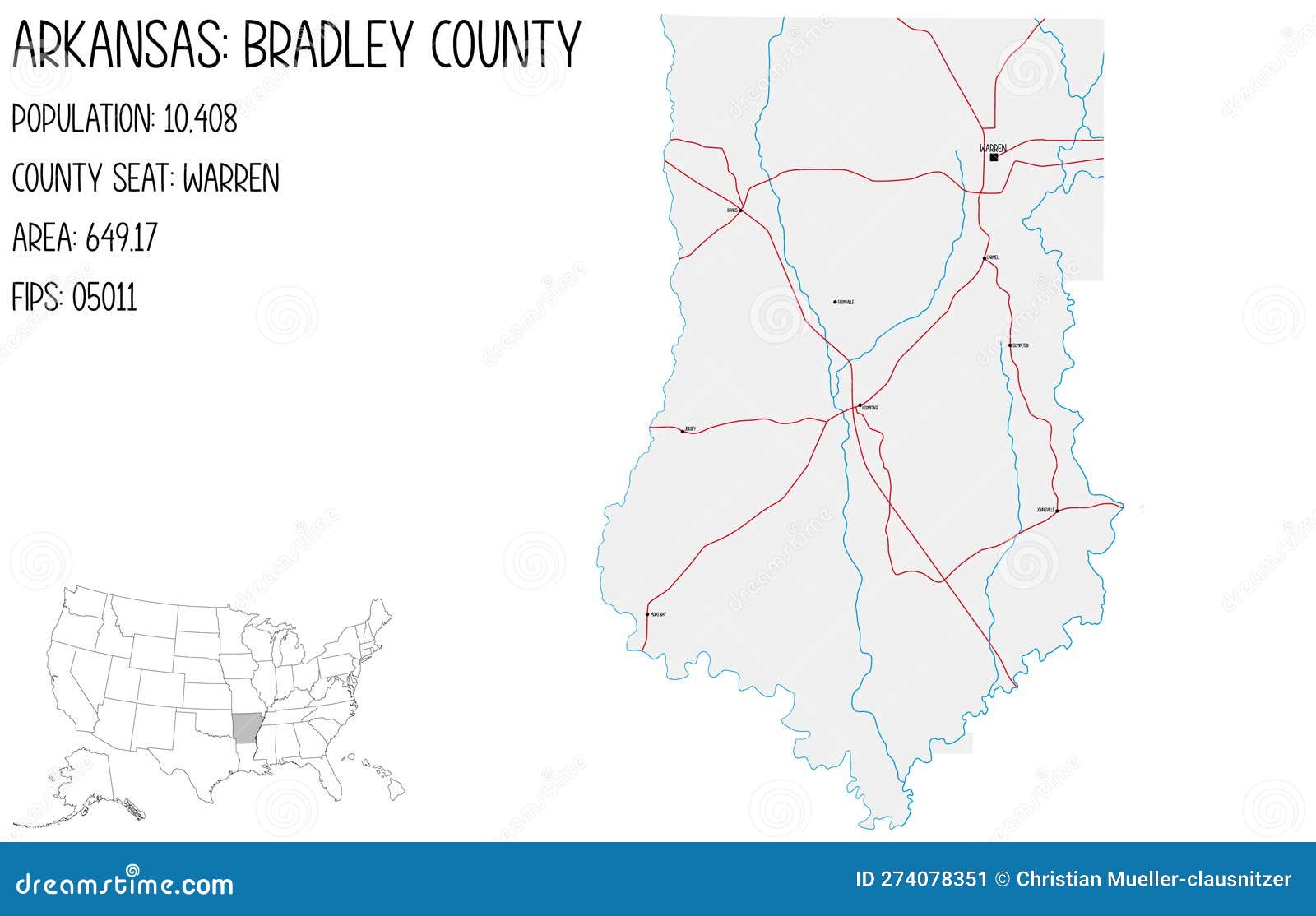 Map of Bradley County in Arkansas, USA. Stock Vector Illustration of