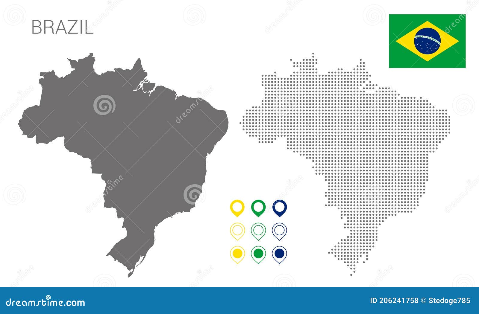 Map of Brazil Silhouette, Brazil Map Dotted, Flag of Brazil Stock