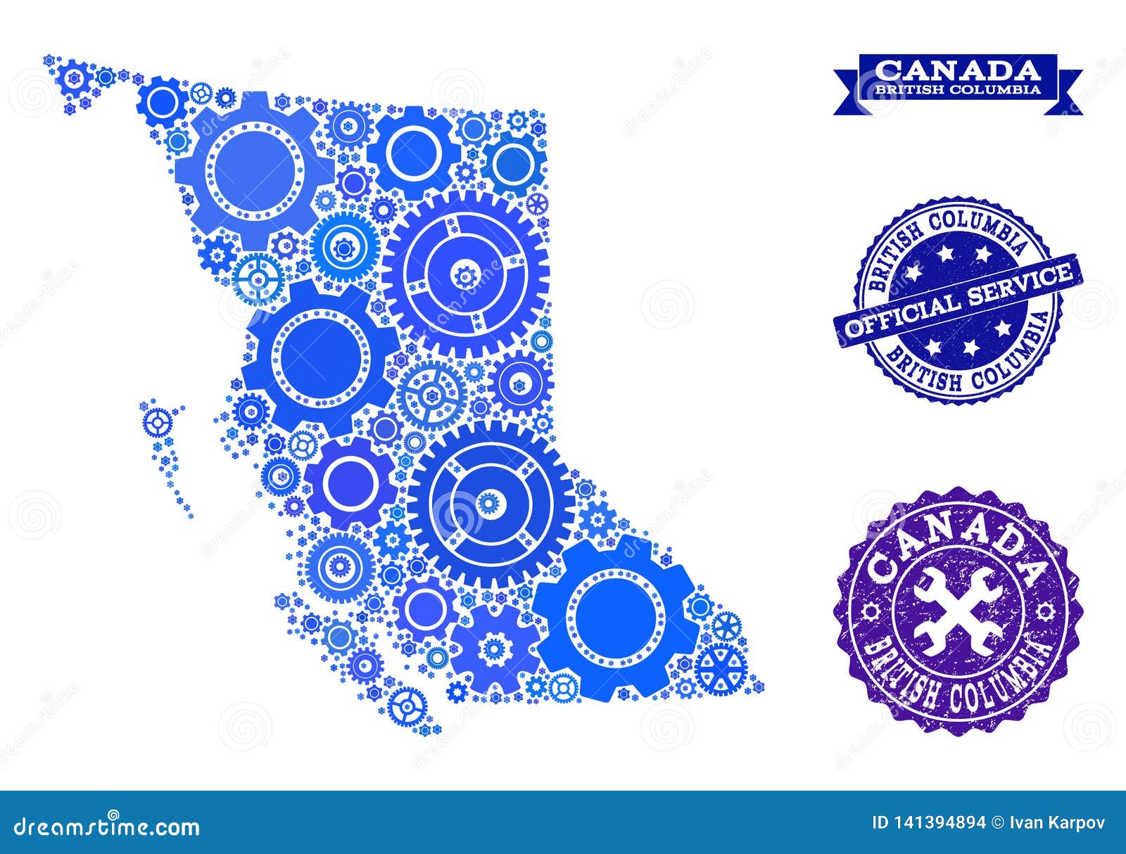 Collage Map Of British Columbia Province With Gear Wheels And Grunge