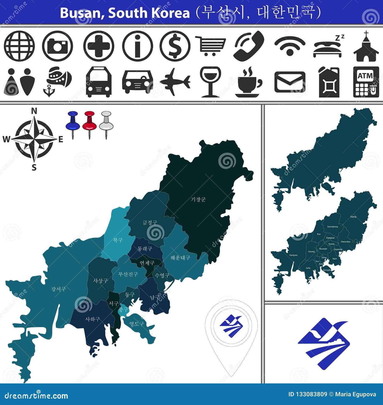 Map of Busan with Districts, South Korea Stock Vector - Illustration of ...