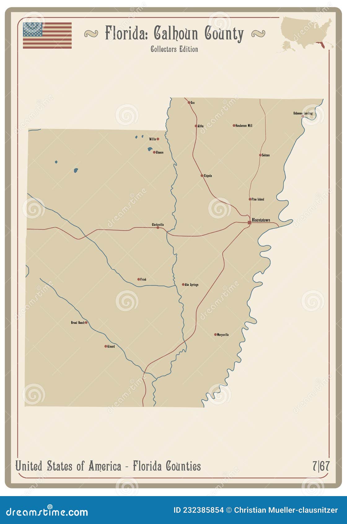 Map of Calhoun County in Florida Stock Vector Illustration of lakes