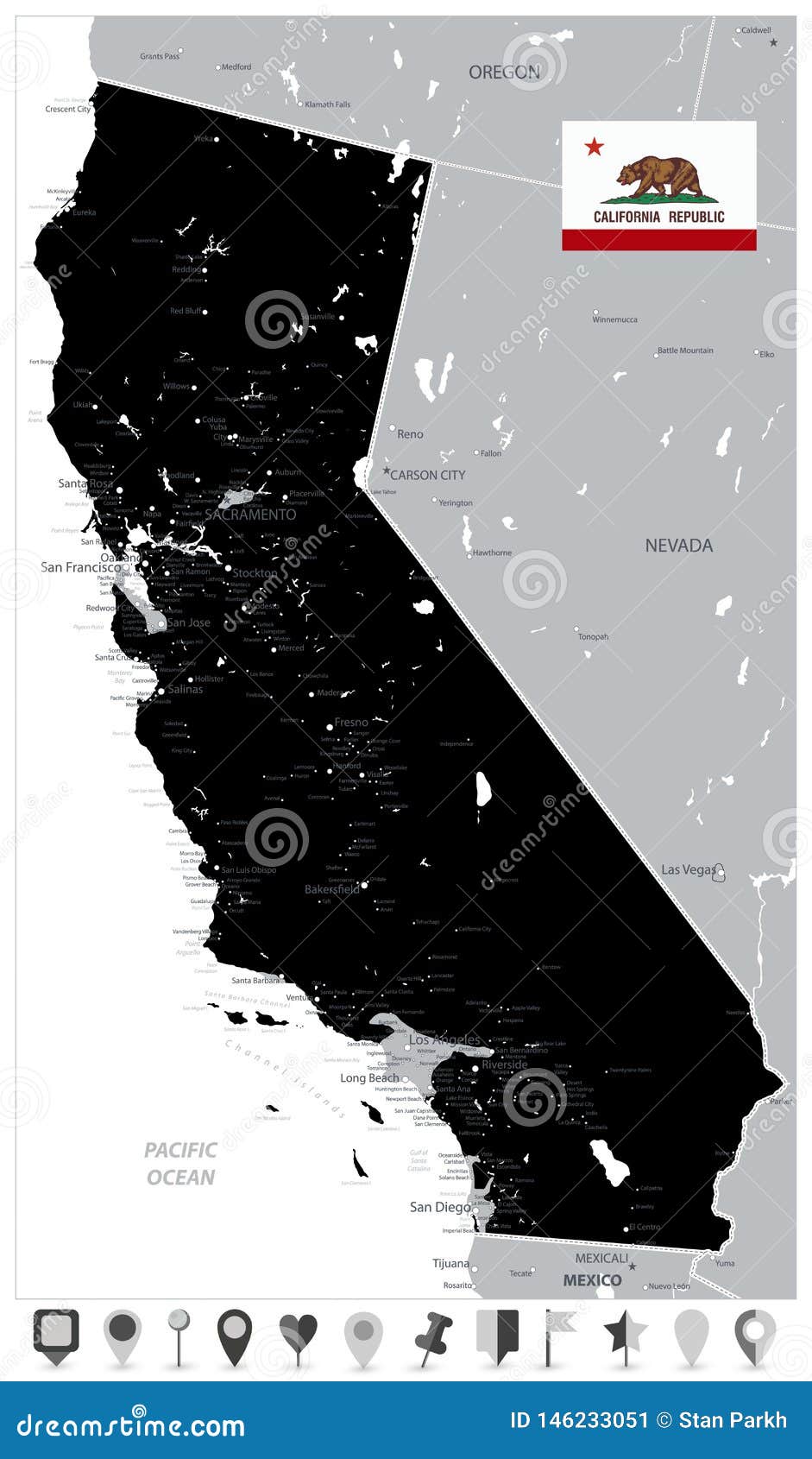 Map of California State Black Color and Flat Map Icons Stock Vector