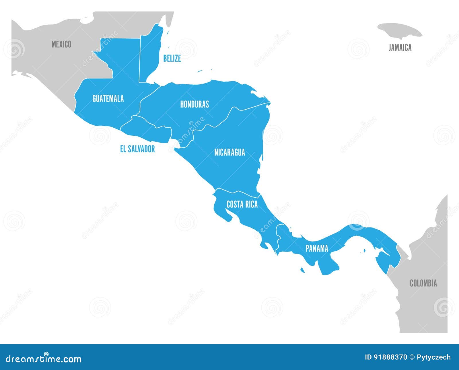 map of central america region with blue highlighted central american states. country name labels. simple flat 