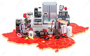 Map Of China With Home And Kitchen Appliances 3D Rendering Stock Map Of China With Home And Kitchen Appliances 3D Rendering Stock