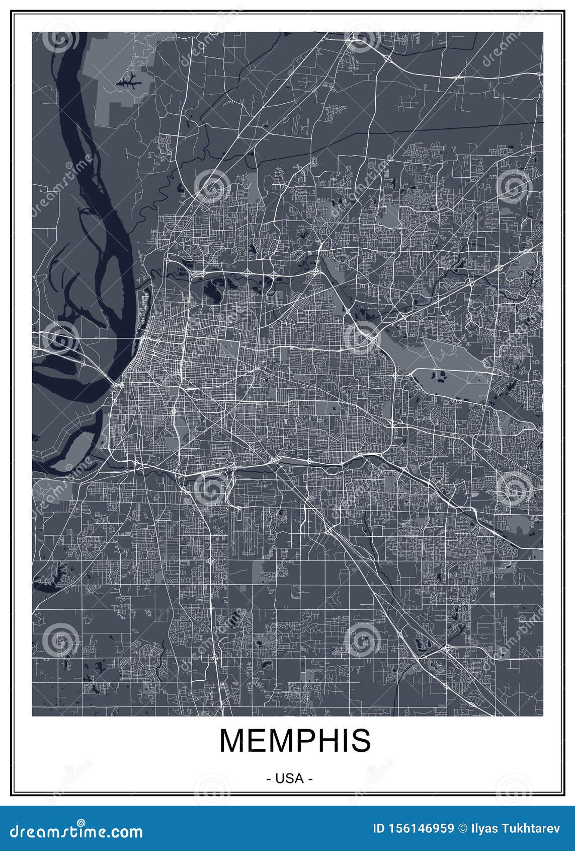 Map of the City of Memphis , Mississippi, USA Stock Illustration