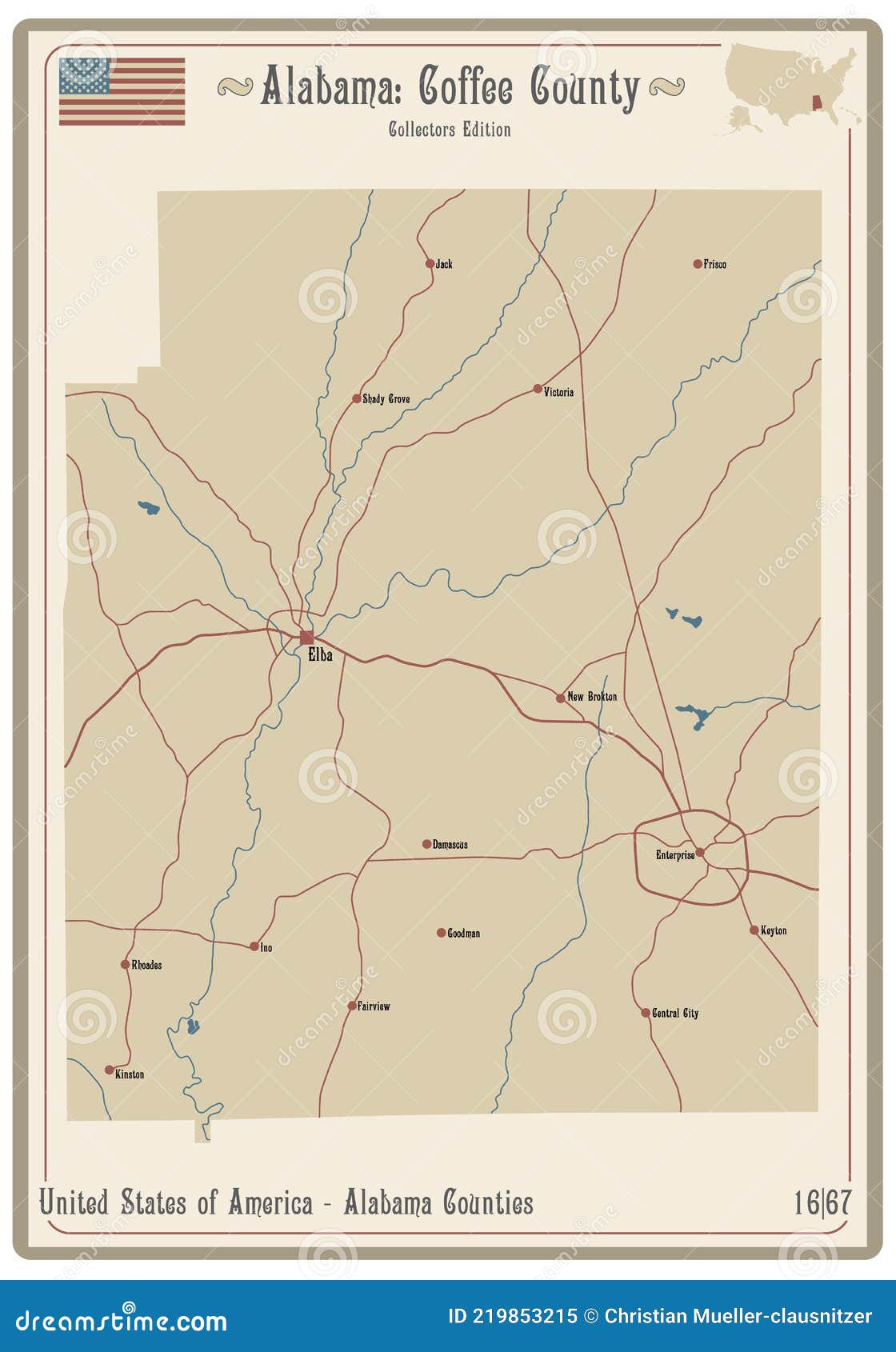 Map of Coffee County in Alabama Stock Vector Illustration of brown