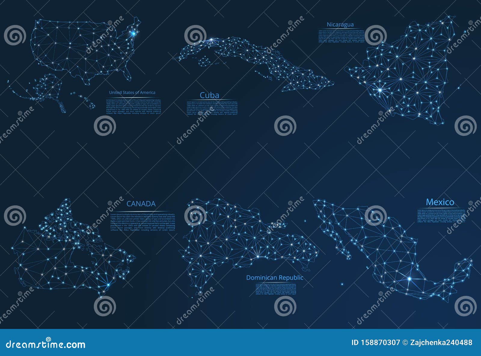 Map of Communication Networks of 6 Countries in North America Stock