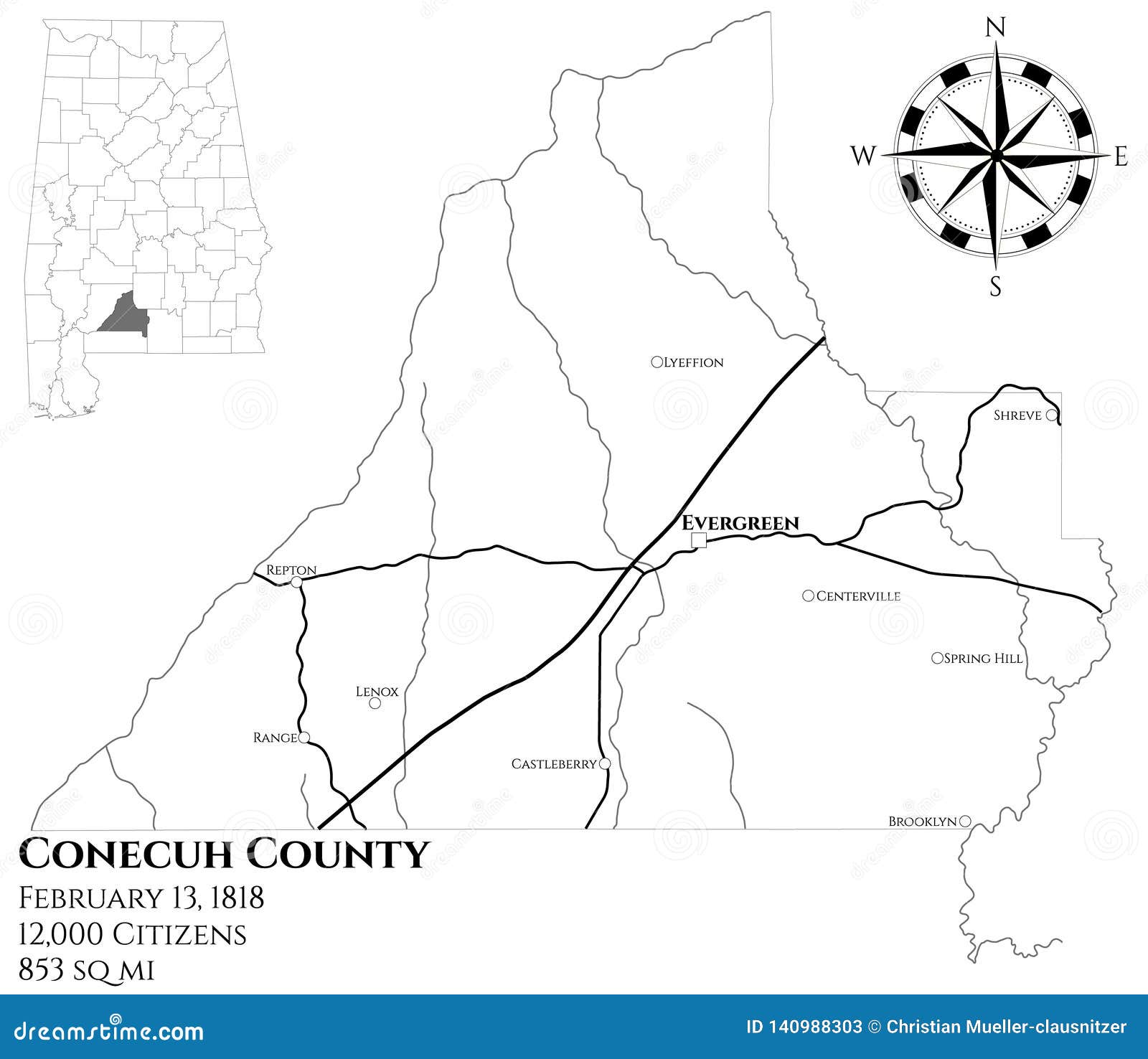 Map of Conecuh County in Alabama Stock Vector Illustration of city
