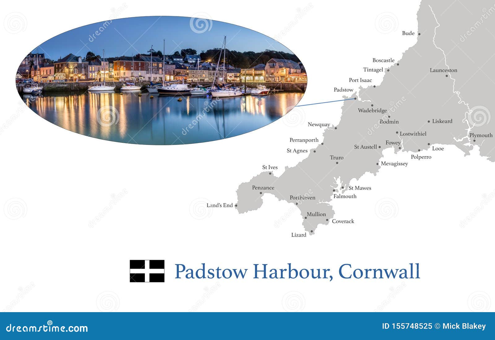 Map of Cornwall, Featuring Photographic Image of Padstow Harbour at