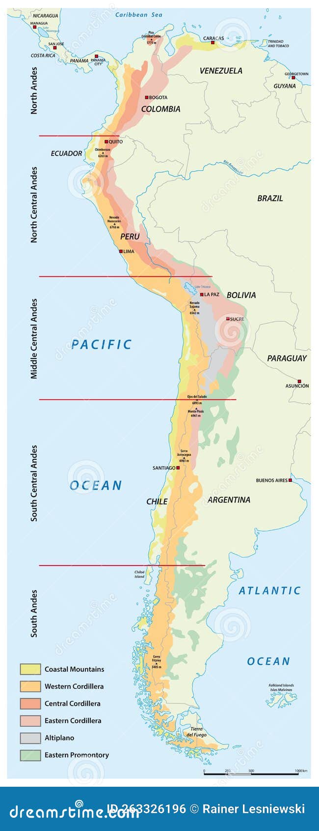 Map of the Divisions of the South American Mountains Andes Stock Vector