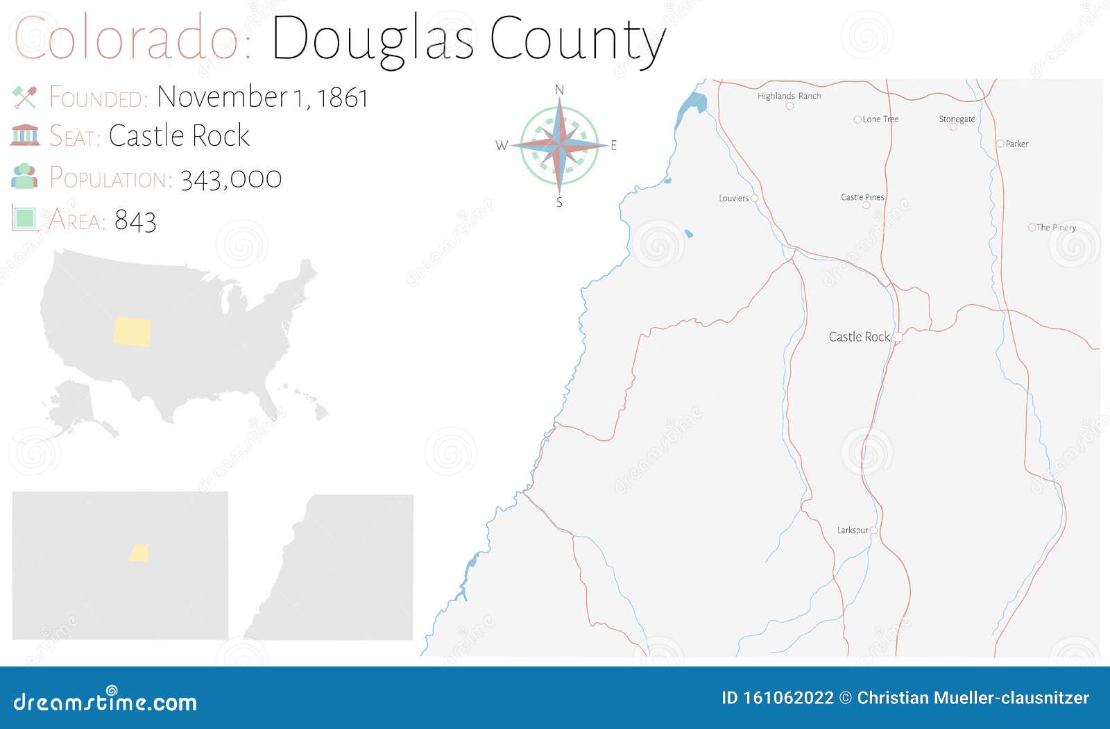 Map of Douglas County in Colorado Stock Vector Illustration of