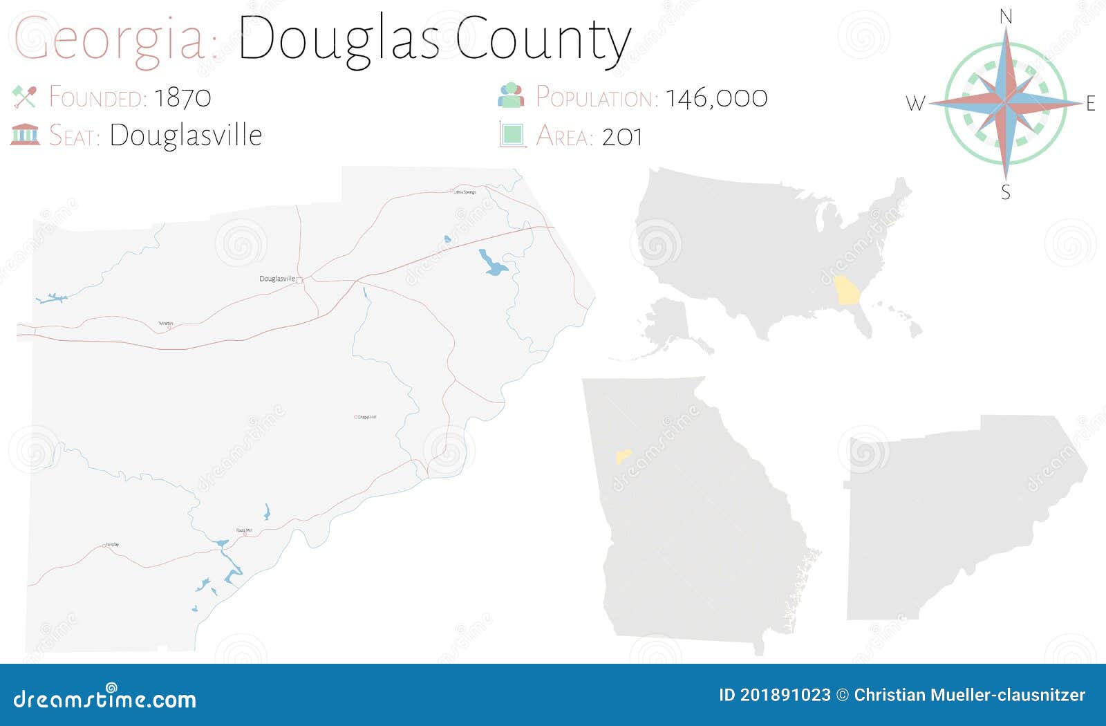 Map of Douglas County in Stock Vector Illustration of