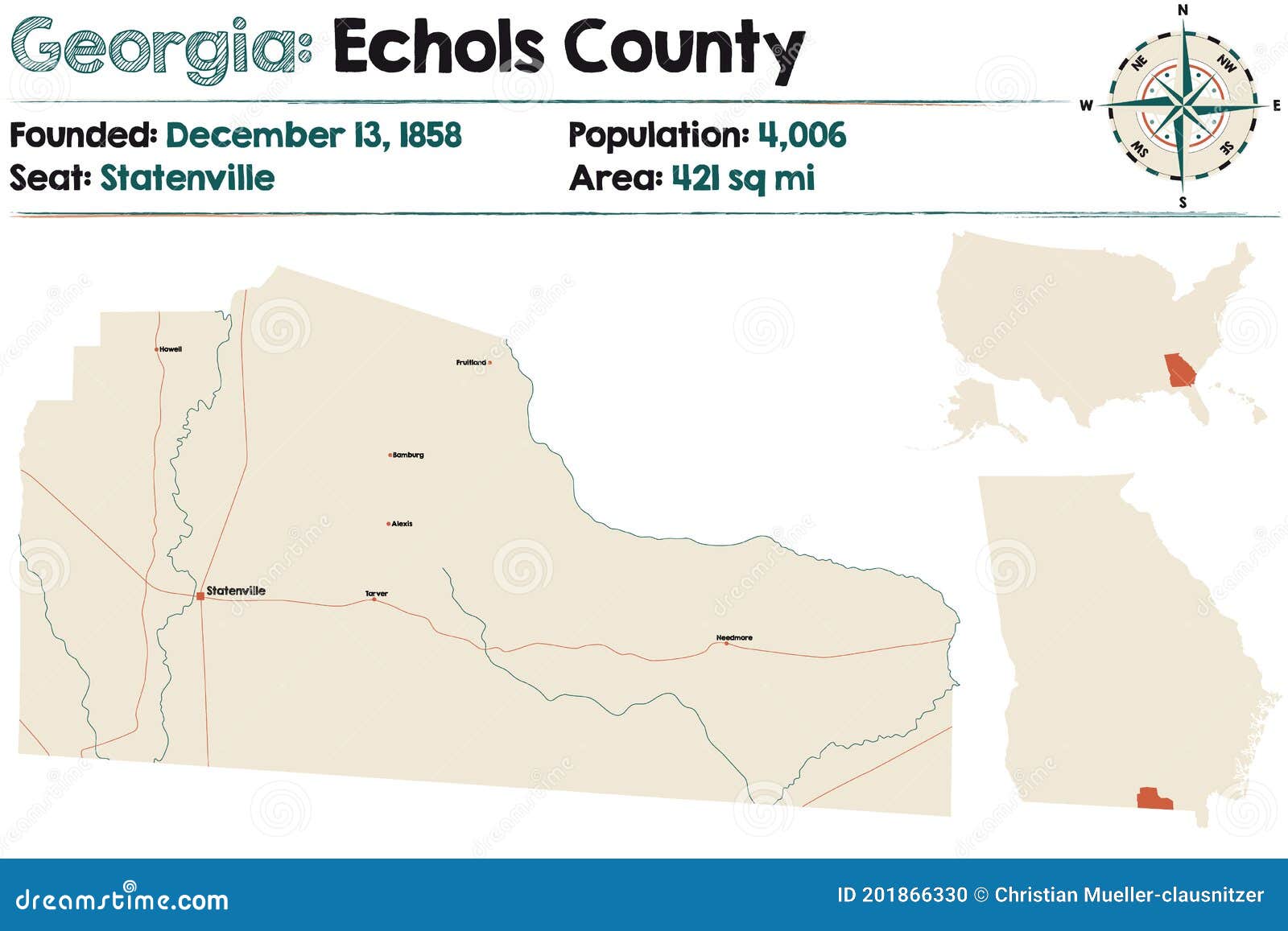 Map of Echols County in Stock Vector Illustration of county