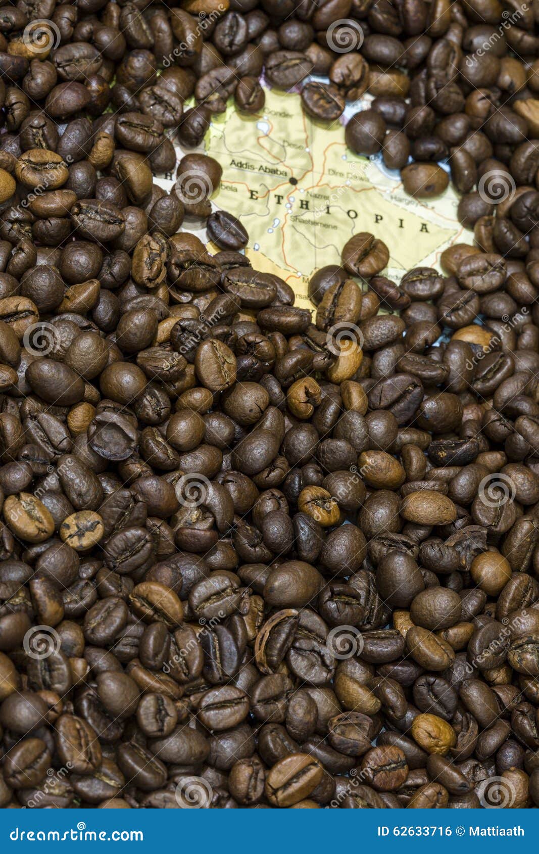 Map of Ethiopia Under a Background of Coffee Beans Stock Photo Image