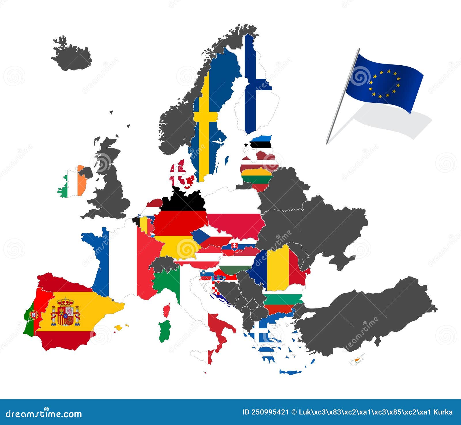 Illustration of a map of European union and EU flag, isolated