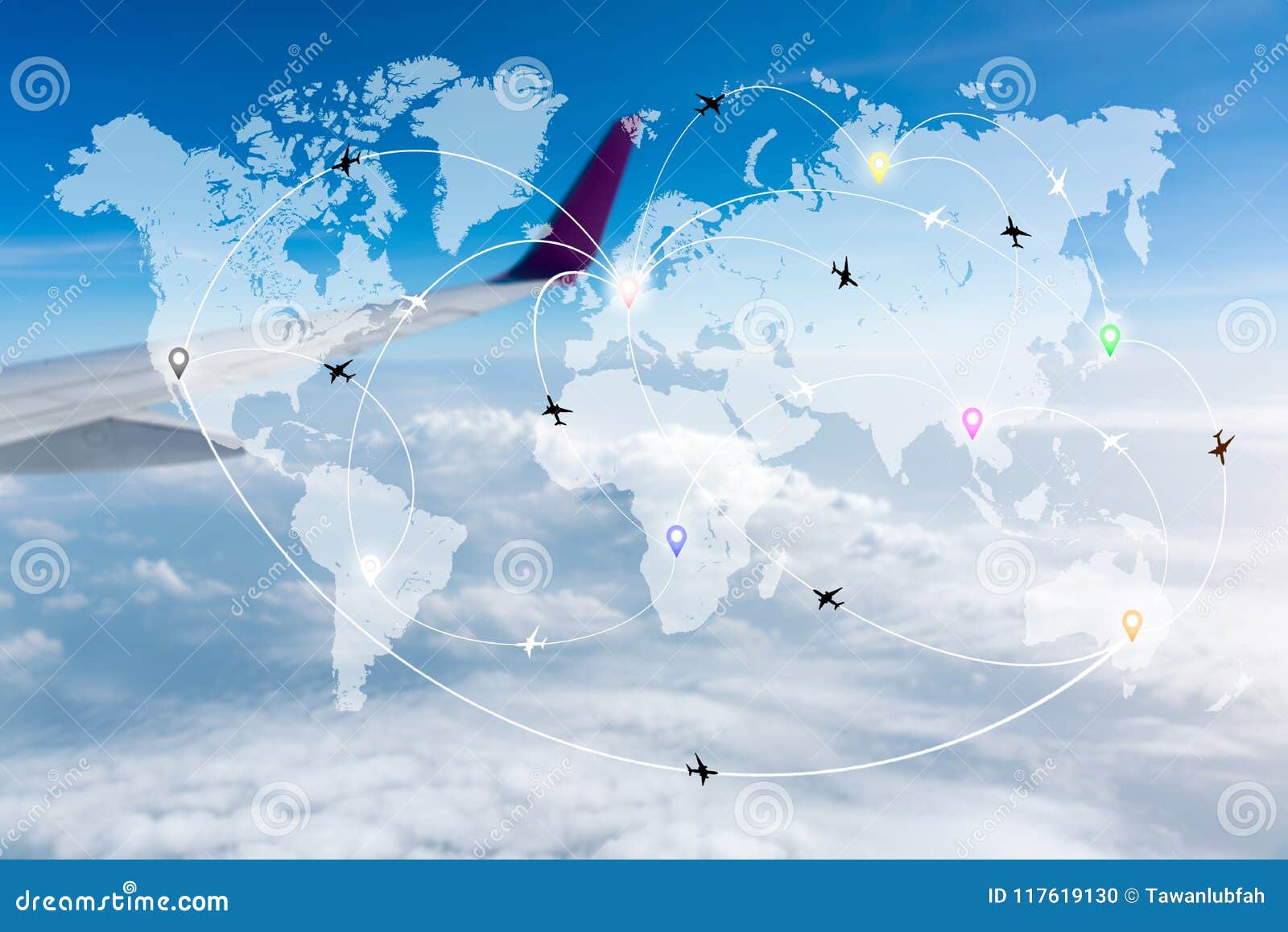map of flight routes airplanes network with blurred wing in the