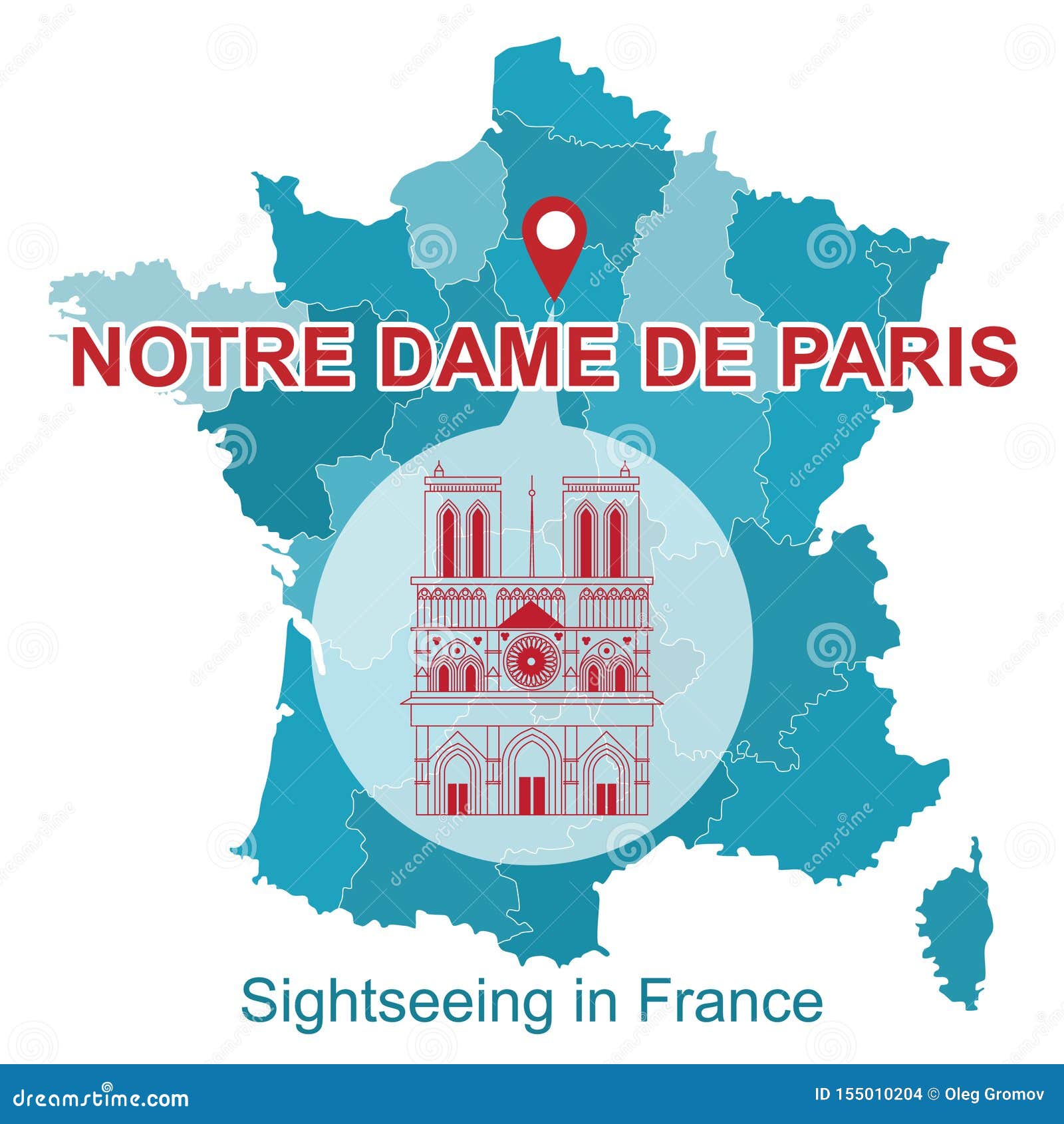 Map of France with the Icon of Attractions, Notre Dame De Paris. Stock