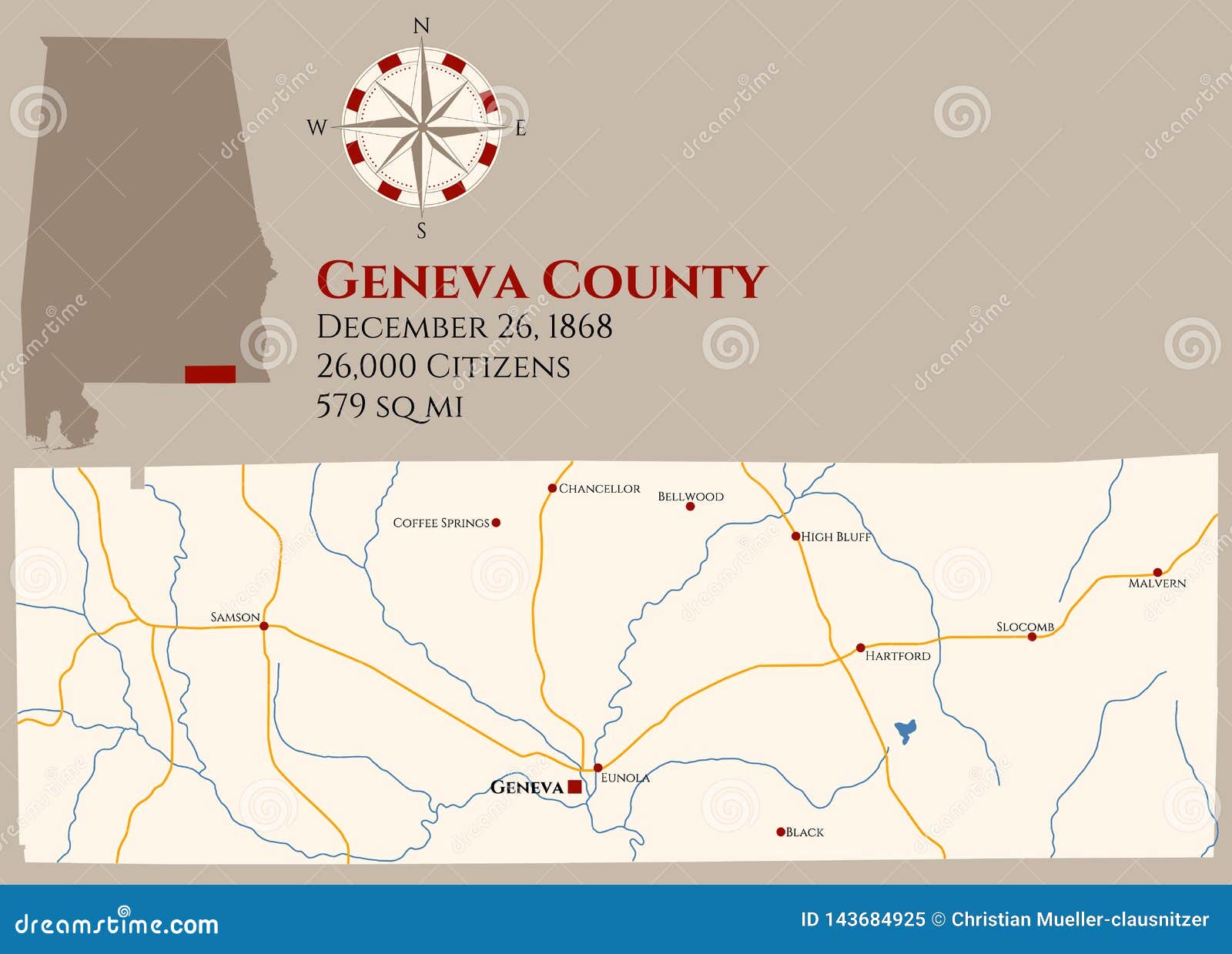 Map of Geneva County in Alabama Stock Vector - Illustration of ...