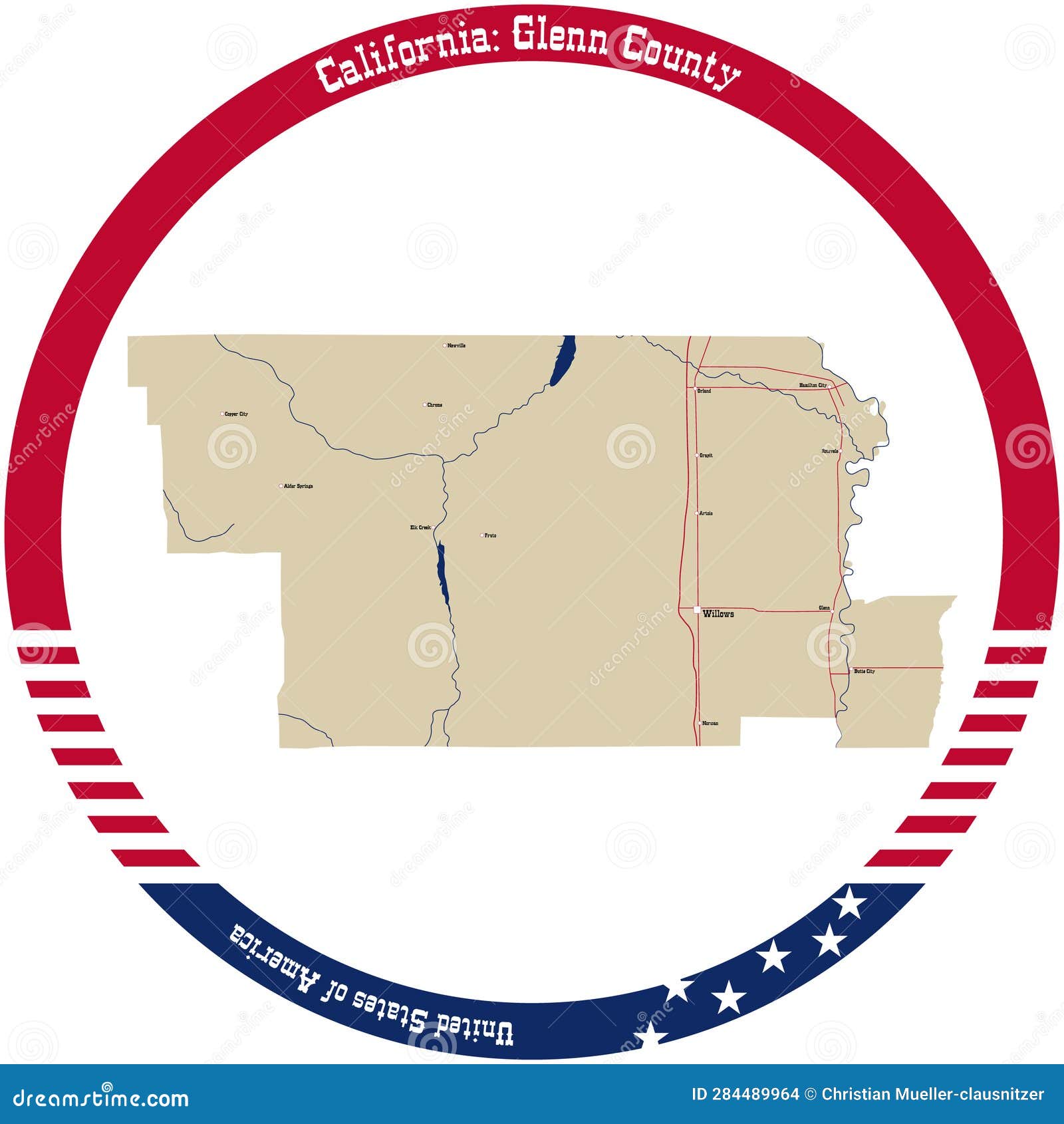 Map Of Glenn County In California State On White Background. Single