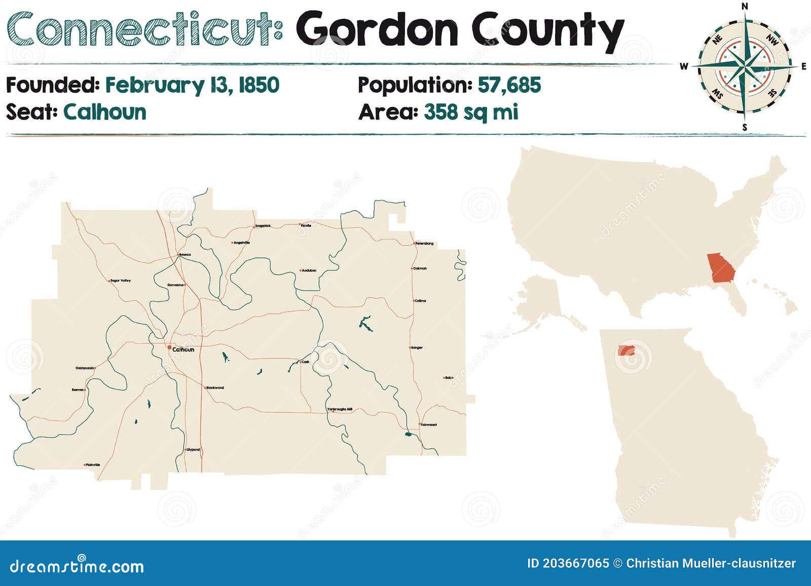 Map of Gordon County in Stock Vector Illustration of lakes