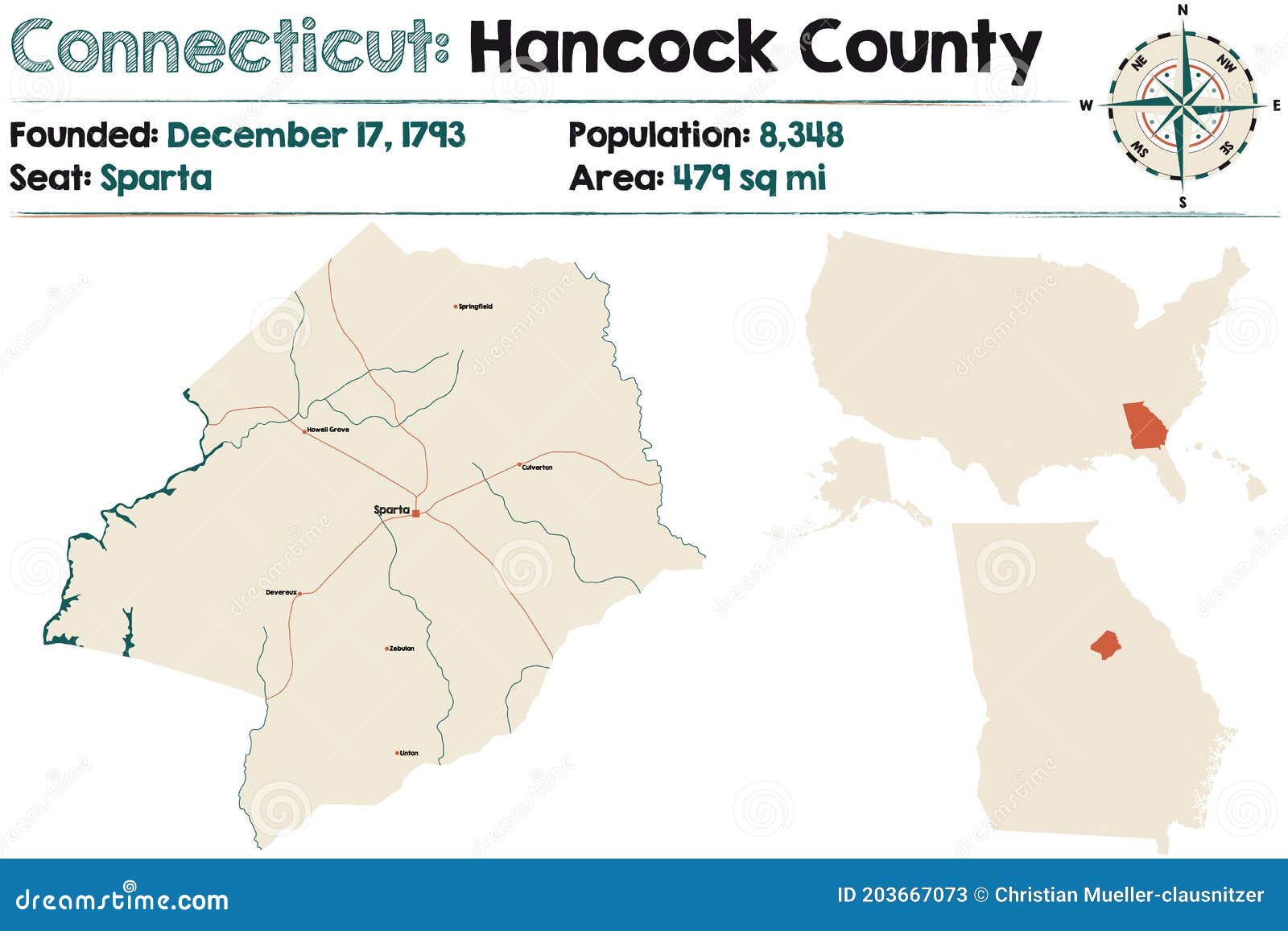 Map of Hancock County in Stock Vector Illustration of green