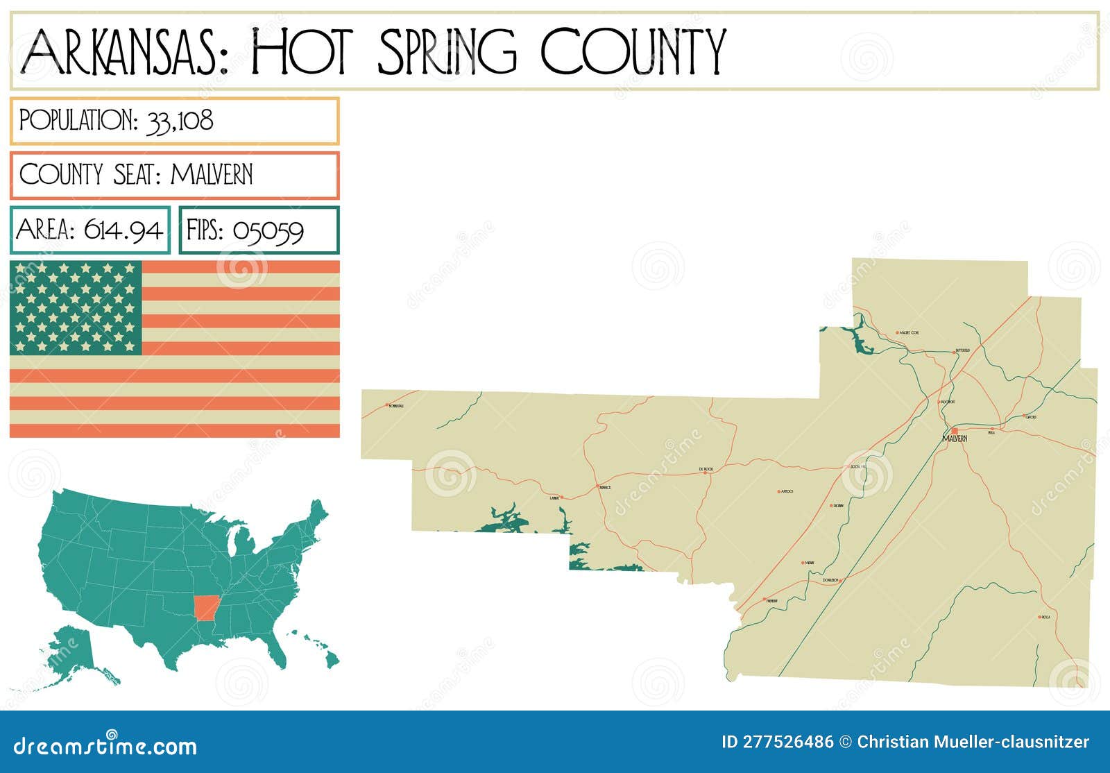 Map of Hot Spring County in Arkansas, USA. Stock Vector Illustration