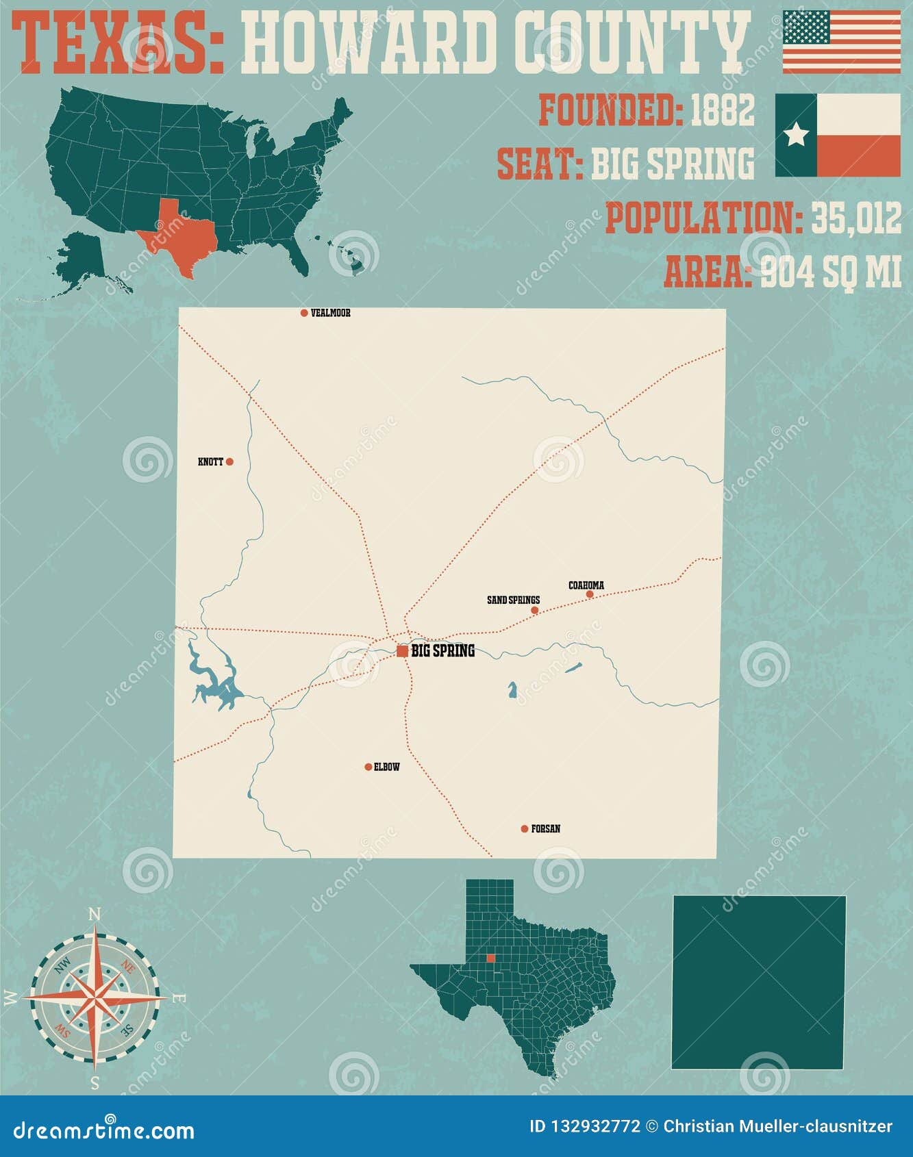 Map of Howard County in Texas Stock Vector Illustration of colorful