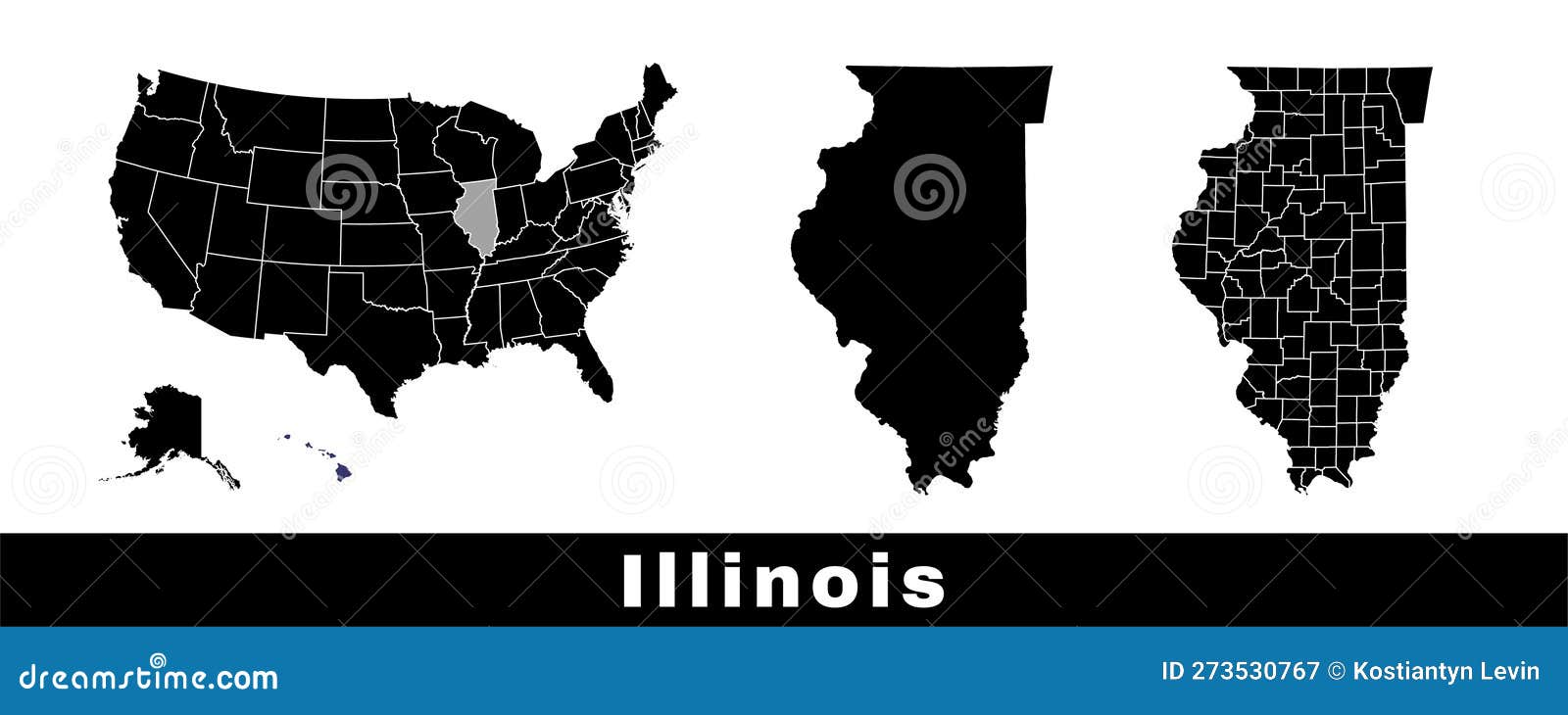 Map of Illinois State, USA. Set of Illinois Maps with Outline Border