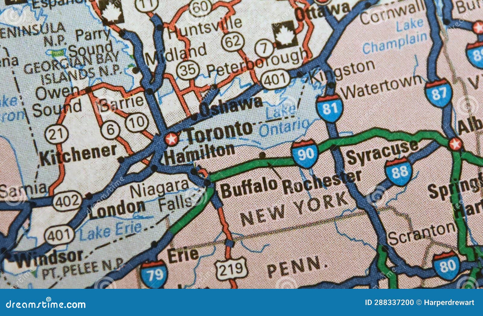 Map Image of Canada, New York, and Pennsylvania Border Stock Photo