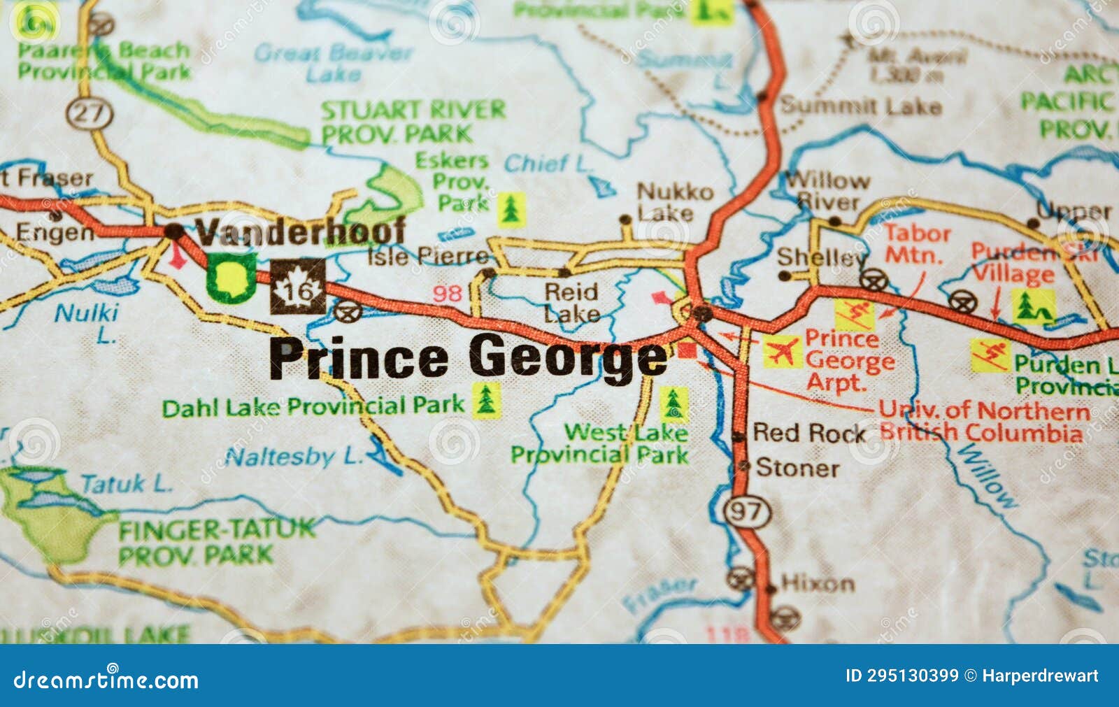 Map Image of Prince George, British Columbia, Canada Stock Image
