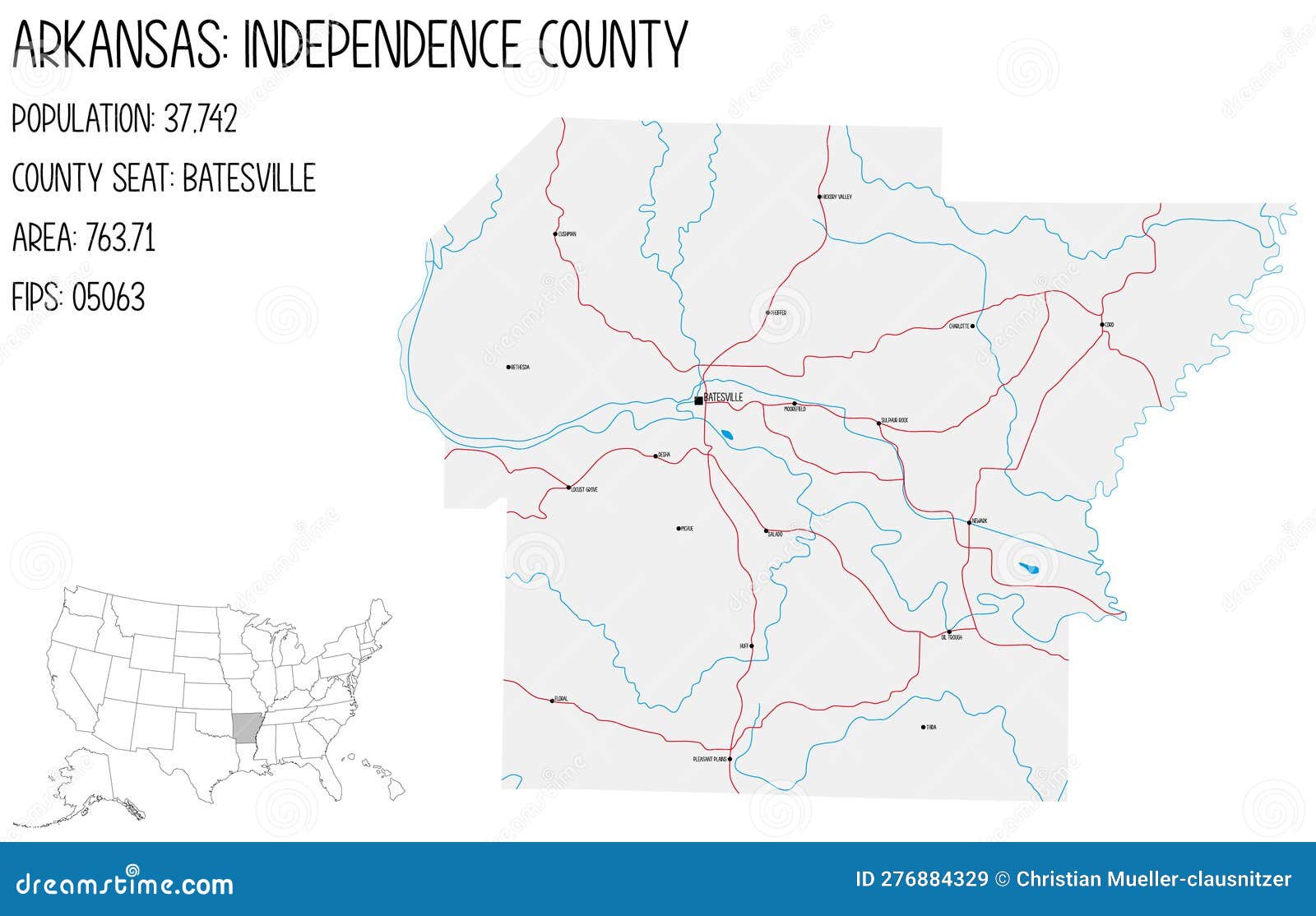 Map of Independence County in Arkansas, USA. Stock Vector Illustration of freeway, lakes
