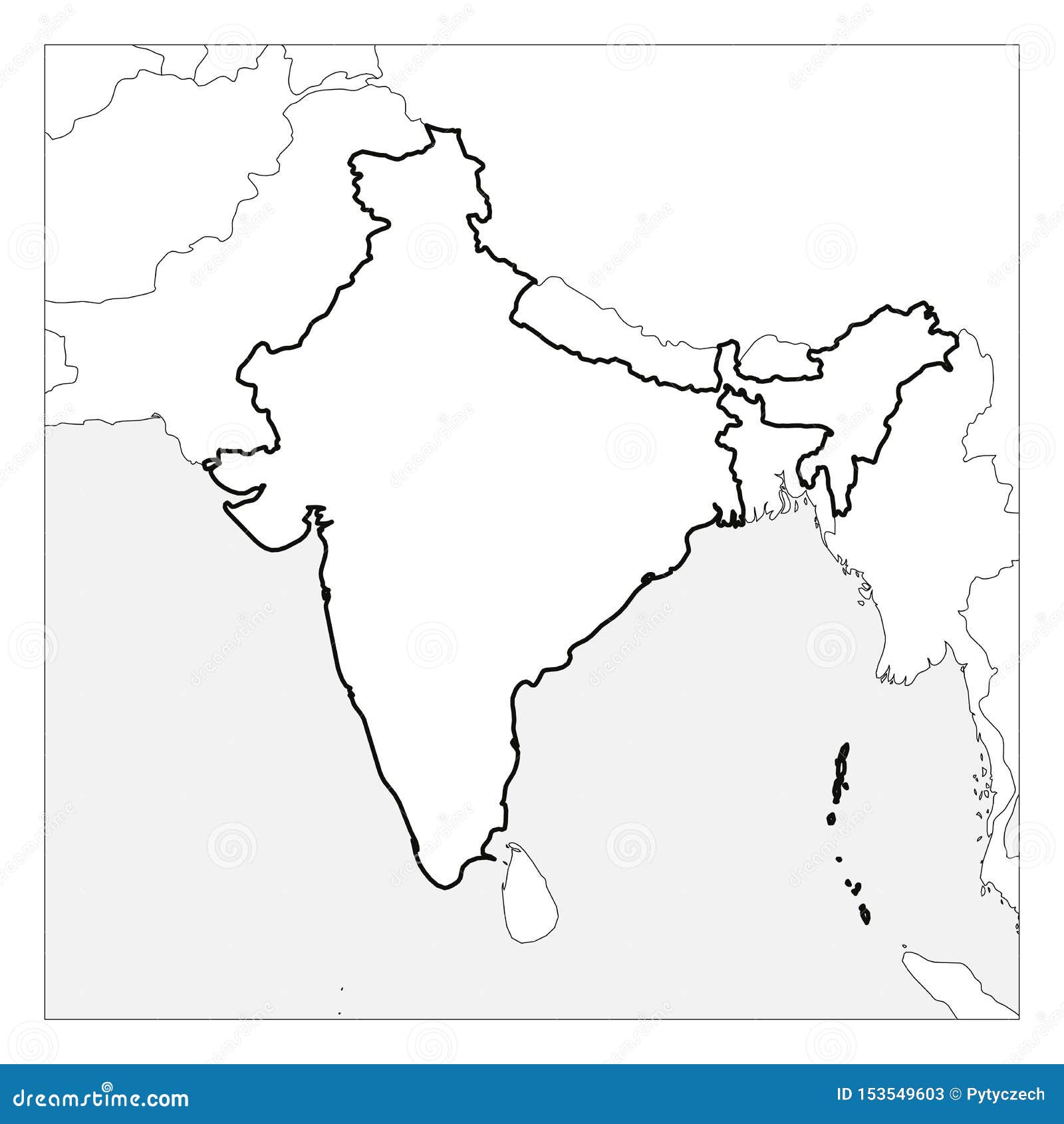 Map of India Black Thick Outline Highlighted with Neighbor Countries
