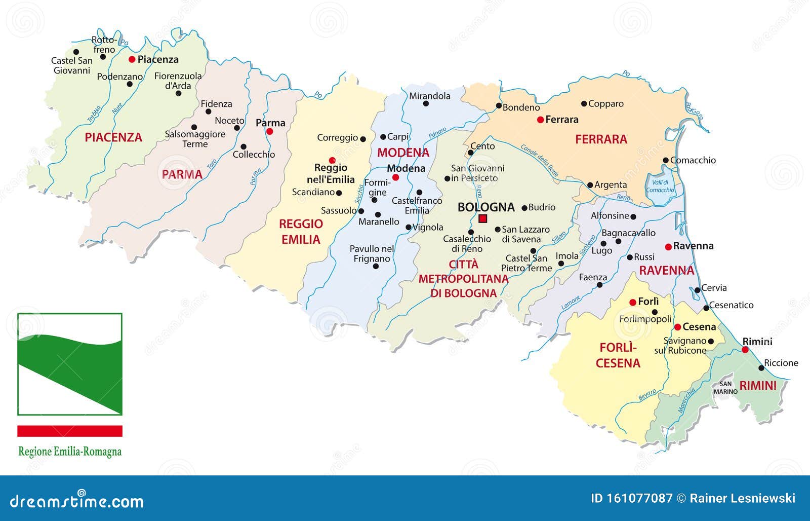 map of the italian region emilia romagna with provinces and flag