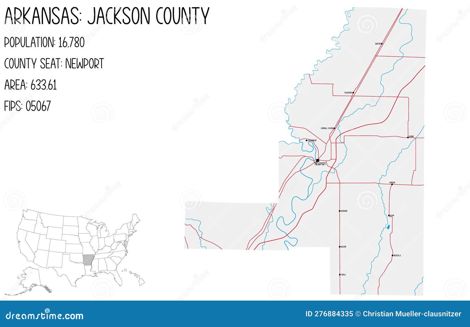 Map of Jackson County in Arkansas, USA. Stock Vector Illustration of