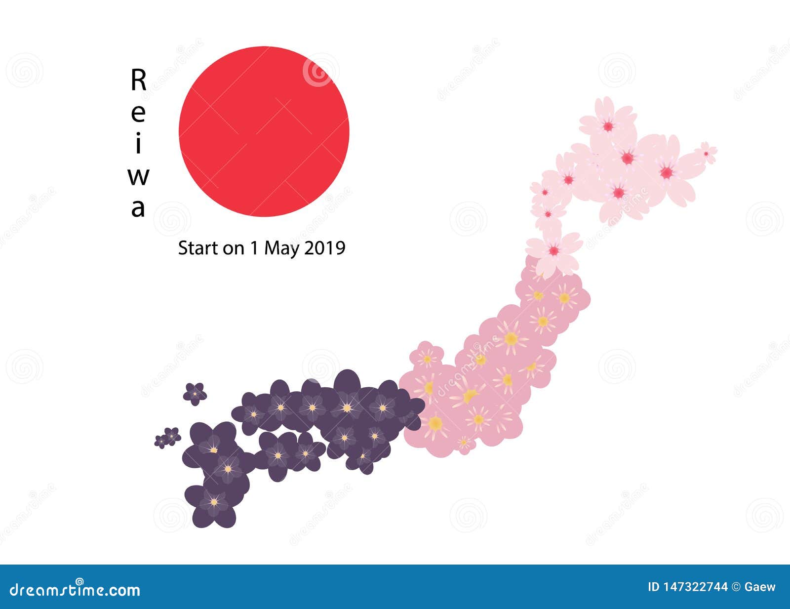 Map Japan Pattern Flower Reiwa Year and Sun Flag Japan Stock Vector