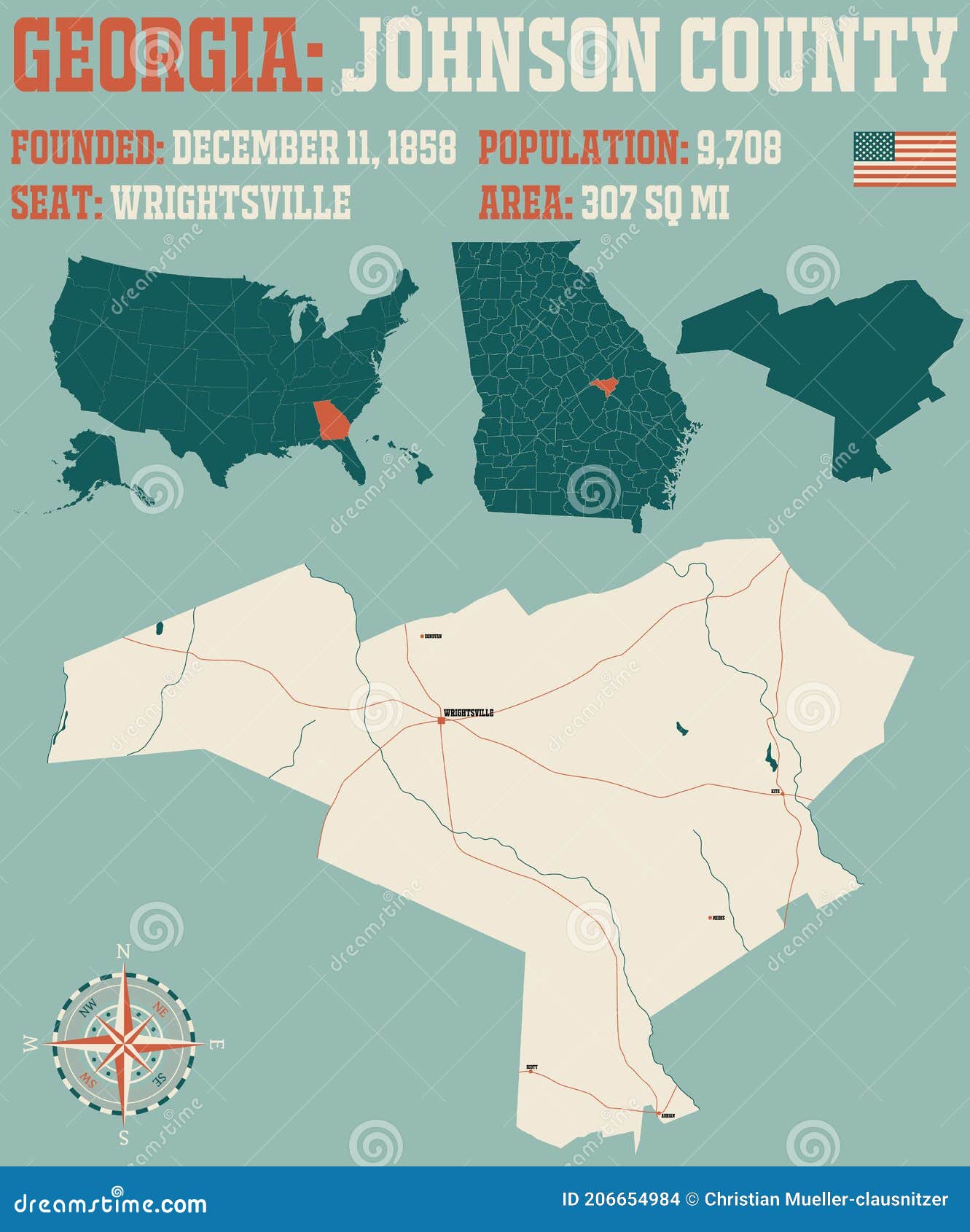 Map of Johnson County in Stock Vector Illustration of