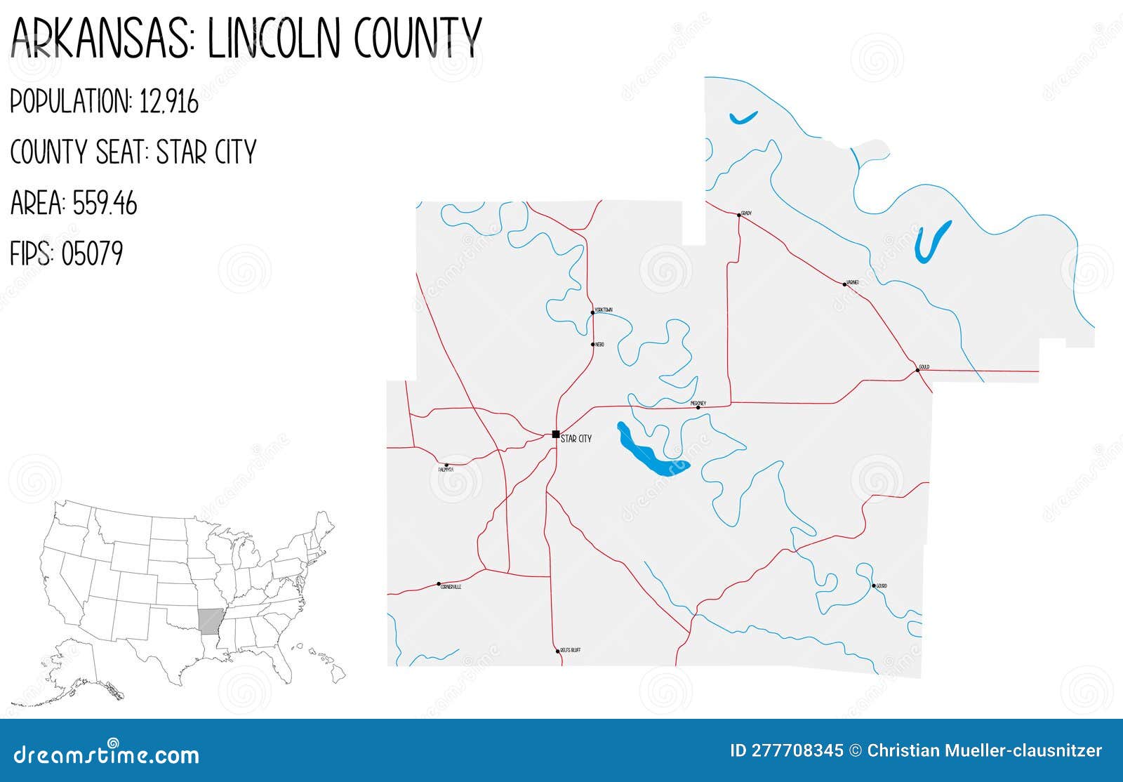 Map of Lincoln County in Arkansas, USA. Stock Vector Illustration of