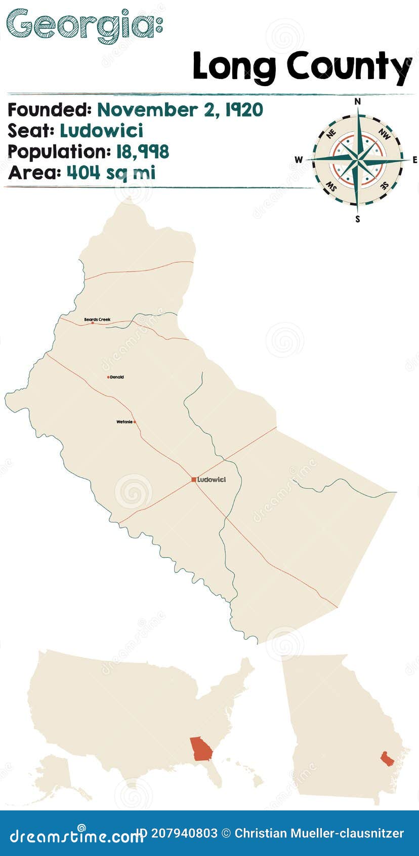 Map of Long County in Stock Vector Illustration of blue