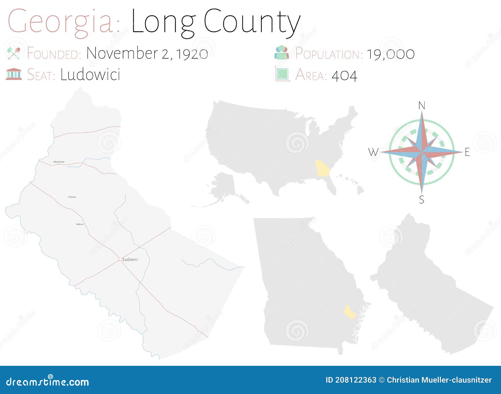 Map of Long County in Stock Vector Illustration of colors