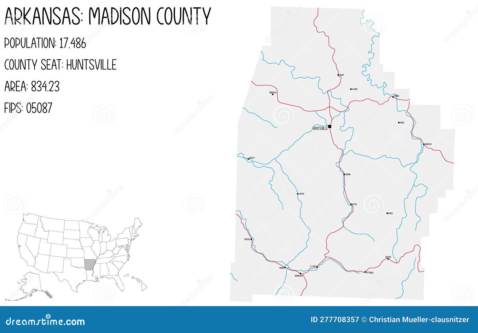 Map of Madison County in Arkansas, USA. Stock Vector Illustration of huntsville, cities 277708357