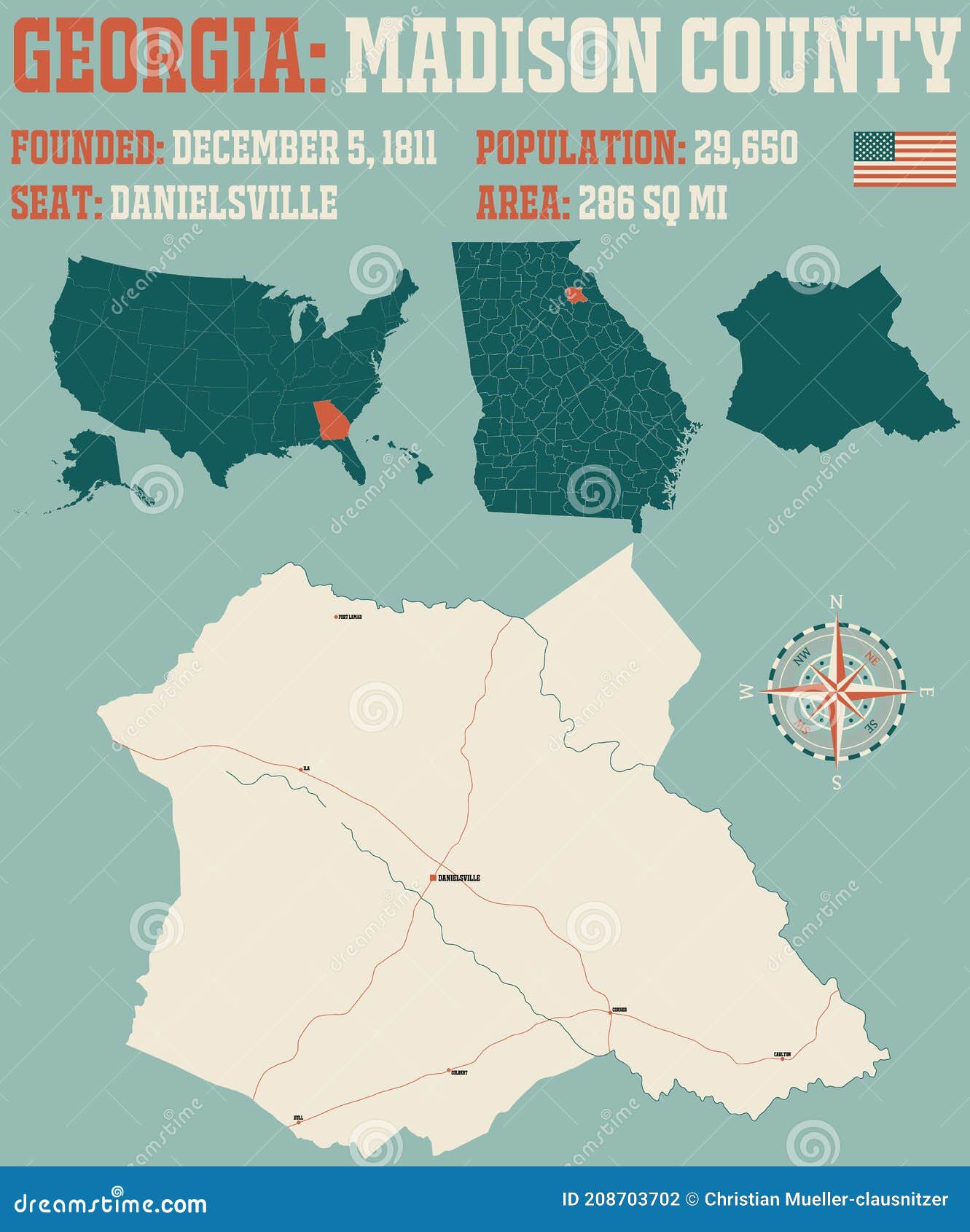 Map of Madison County in Stock Vector Illustration of seat