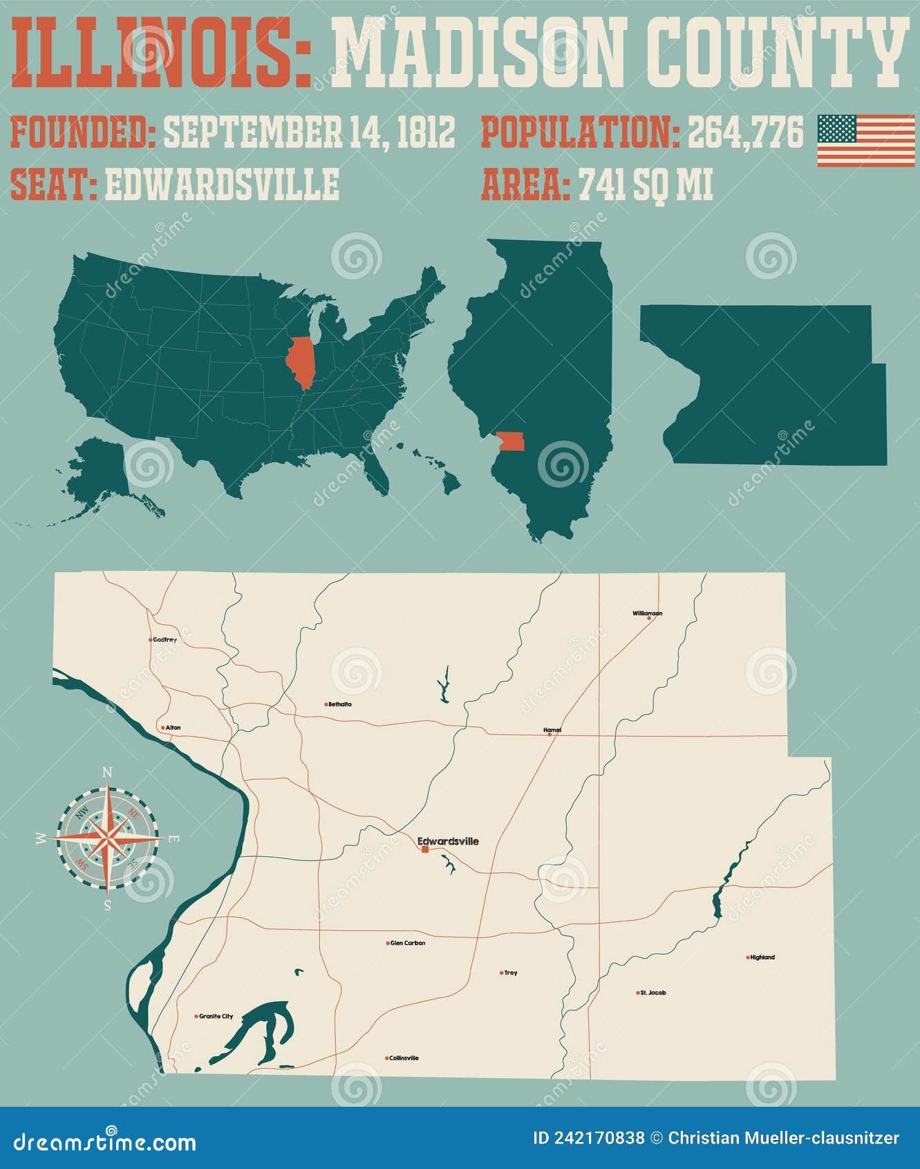 Map of Madison County in Illinois Stock Vector Illustration of