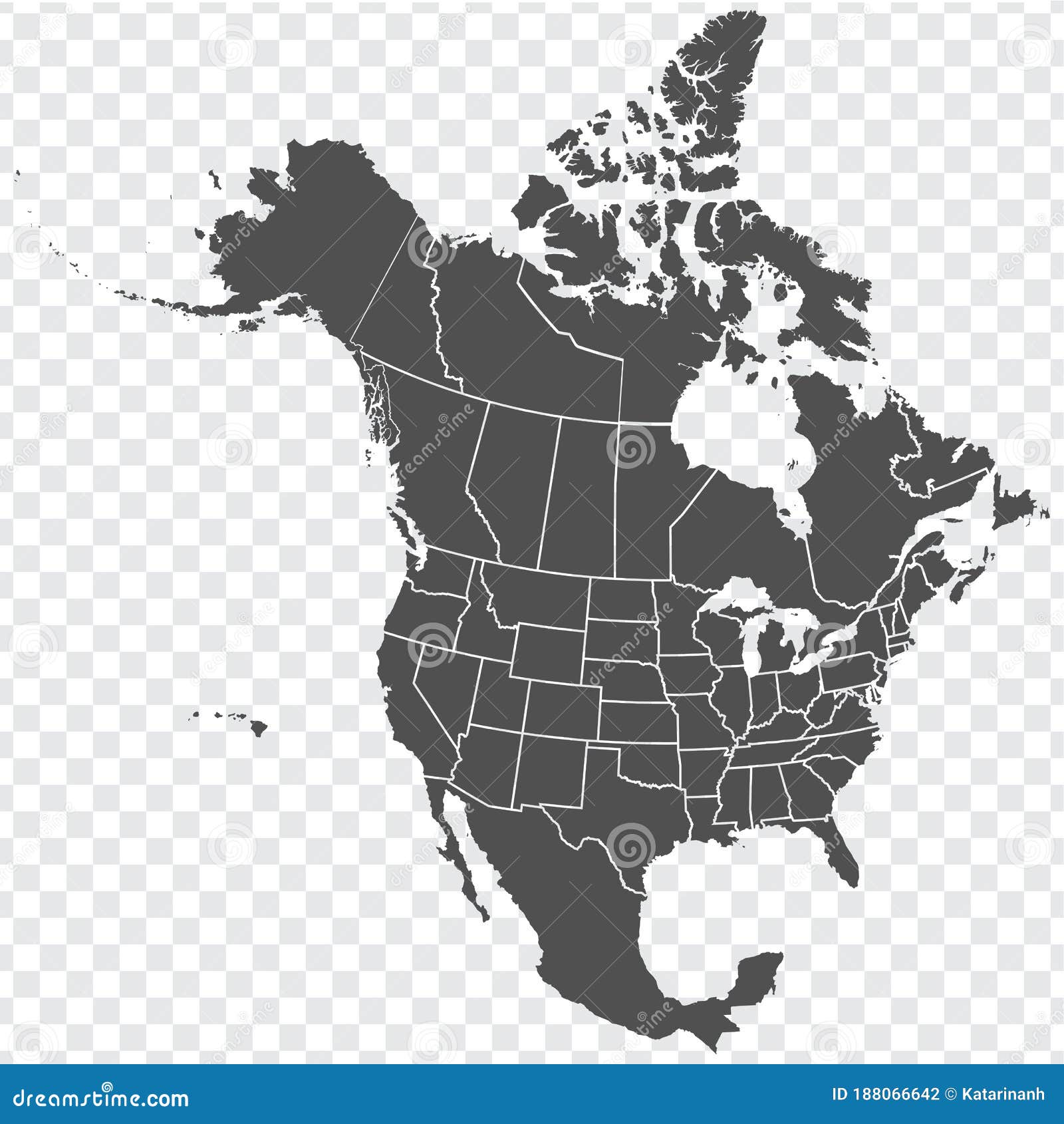 map of north america. detailed map of north america with states of the usa and provinces of canada. template.