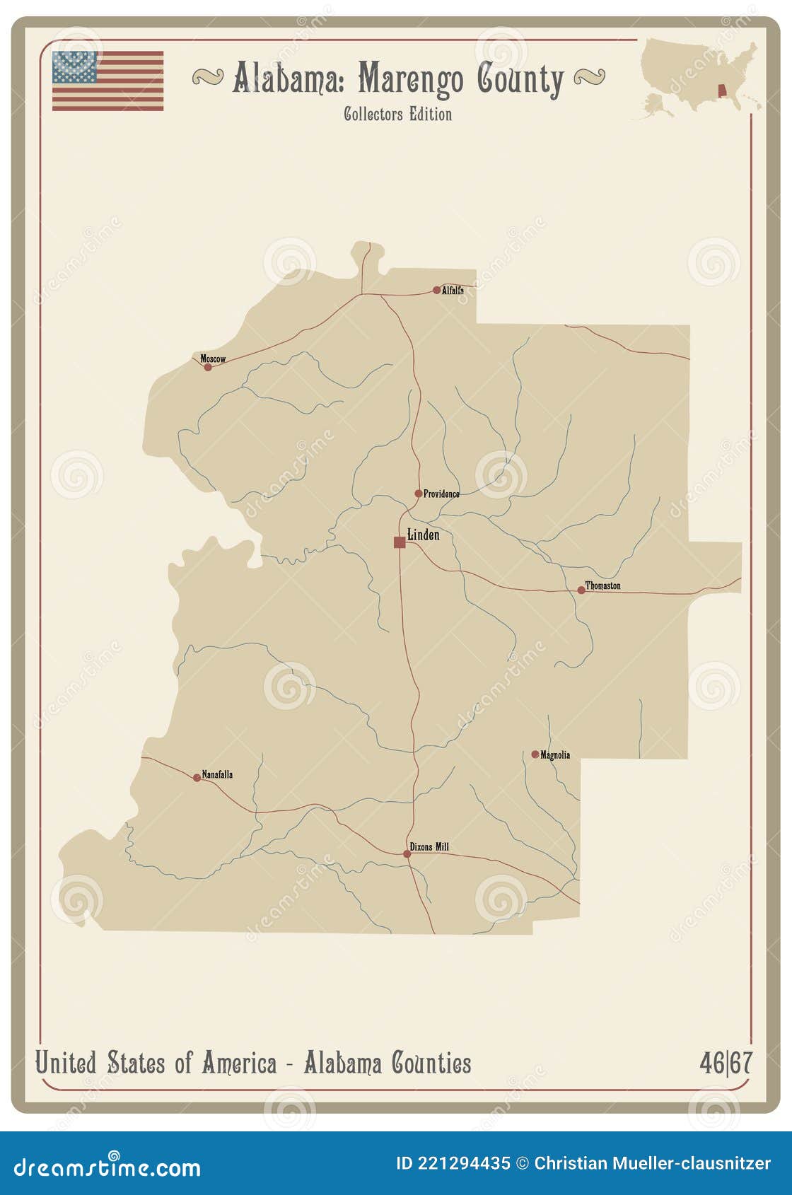 Map of Marengo County in Alabama Stock Vector Illustration of america