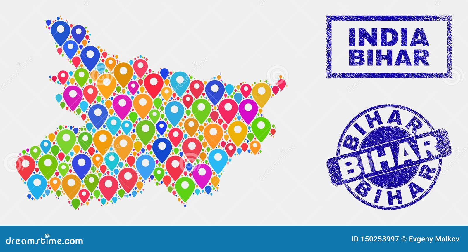 Map Markers Collage of Bihar State Map and Textured Stamp Seals Stock