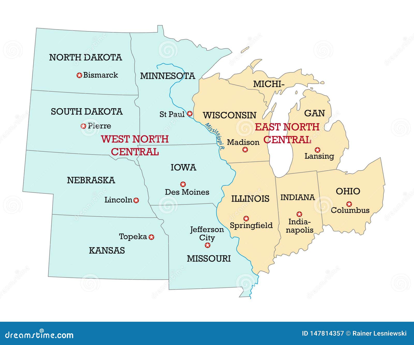 Map Of The Midwest United States Of America Stock Vector Illustration