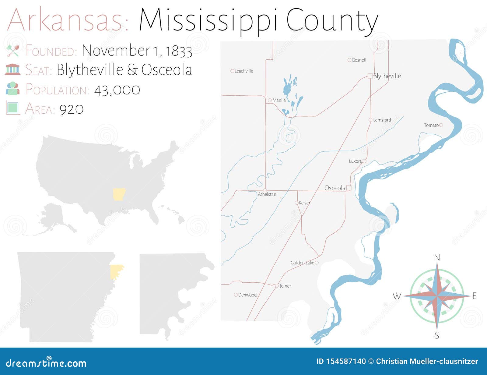 Map of Mississippi County in Arkansas Stock Vector - Illustration of