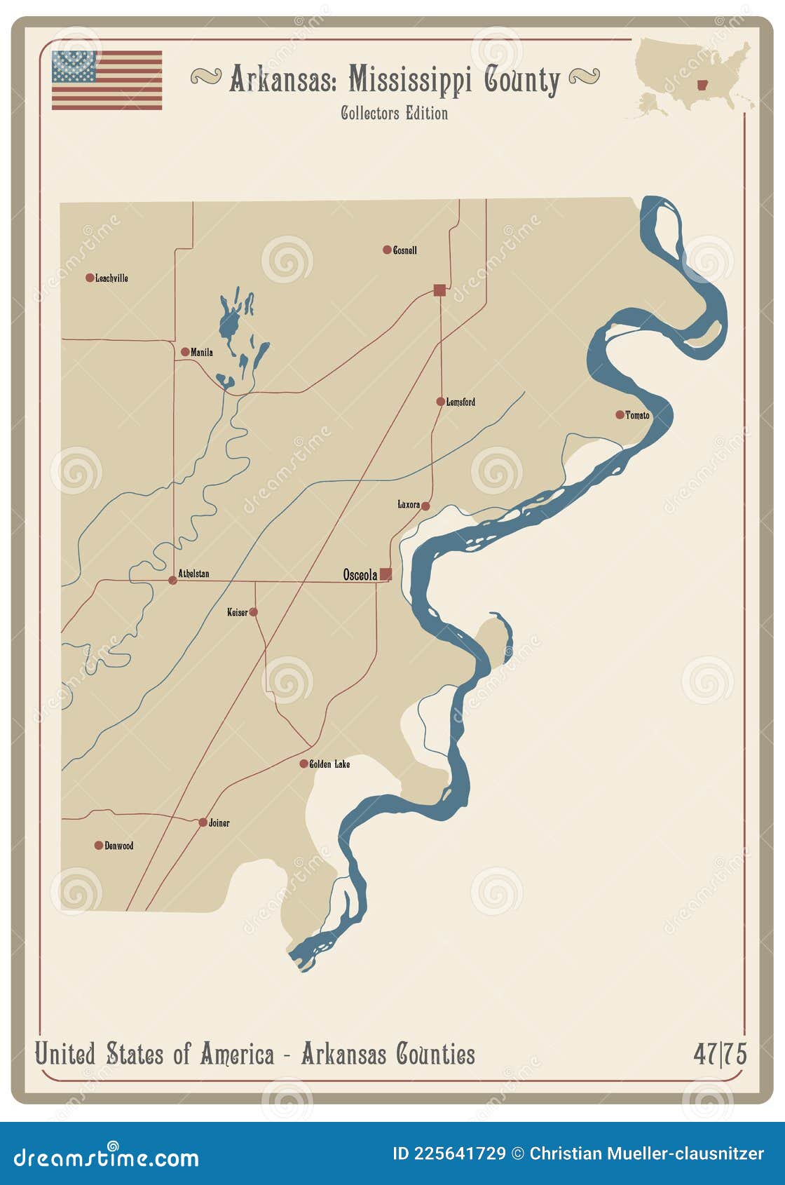 Map of Mississippi County in Arkansas Stock Vector - Illustration of
