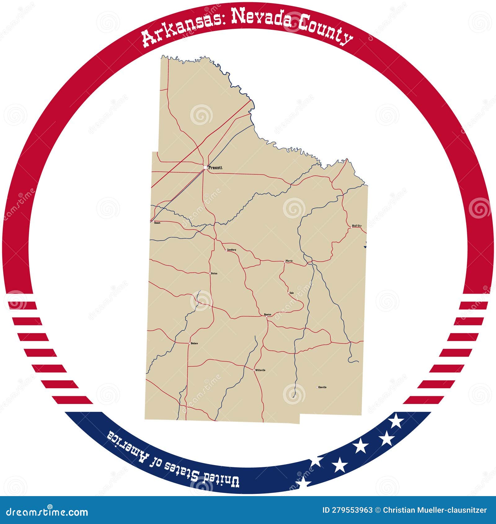 Map of Nevada County in Arkansas, USA. Stock Vector Illustration of
