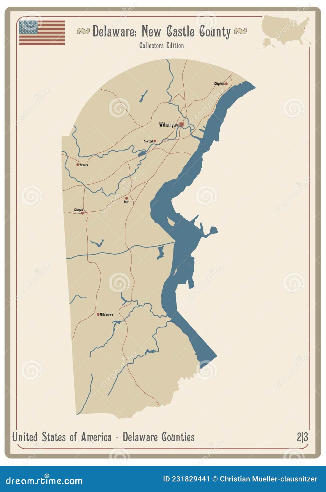 Map of New Castle County in Delaware Stock Vector Illustration of